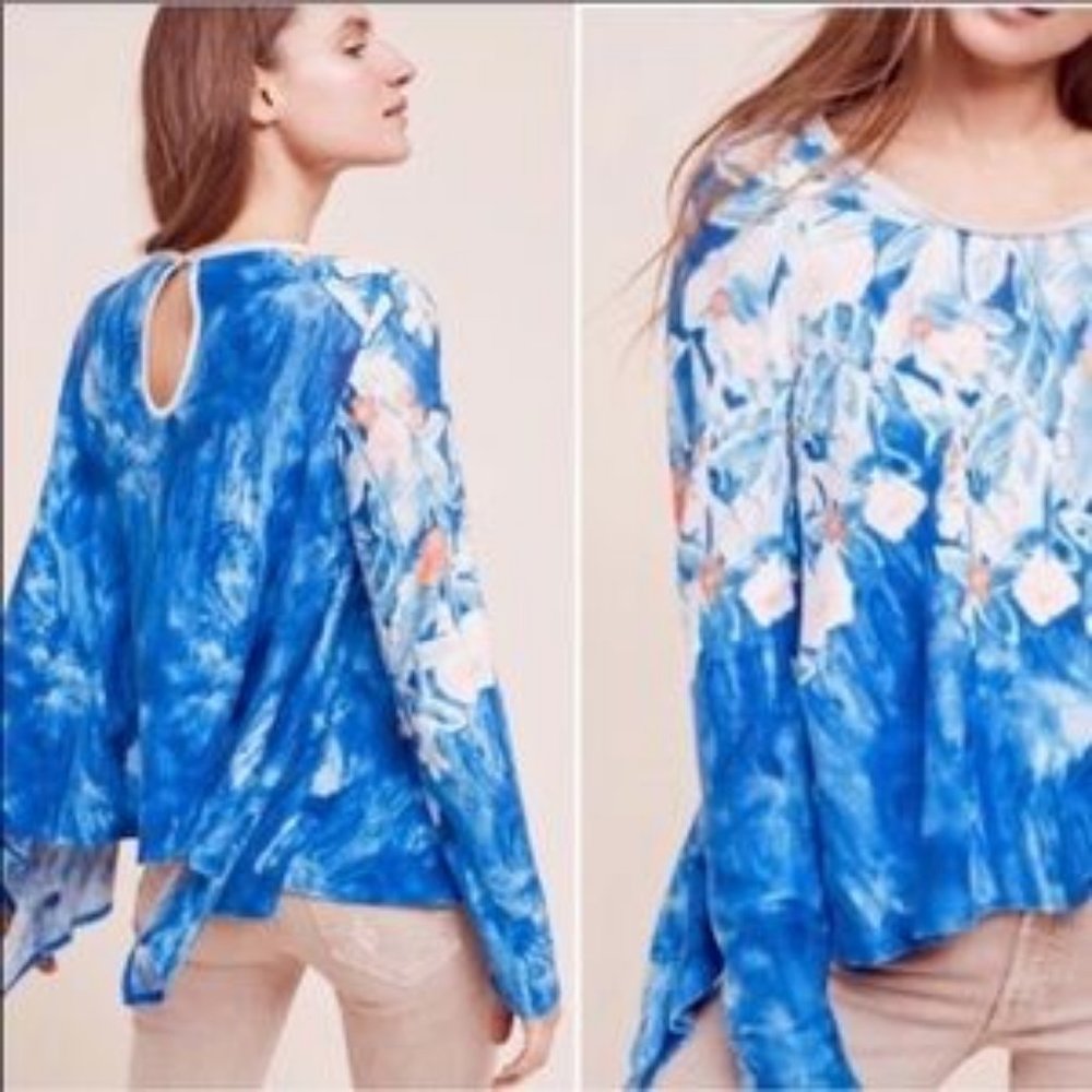 Anthropologie Meadow Rue Top Blue Linen Fields Floral Swing Blouse